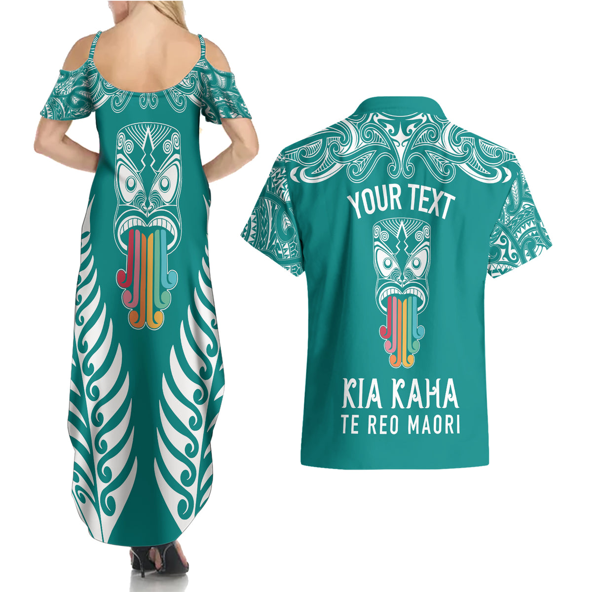 personalised-kia-kaha-te-reo-maori-couples-matching-summer-maxi-dress-and-hawaiian-shirt-hei-tiki-mix-koru-teal