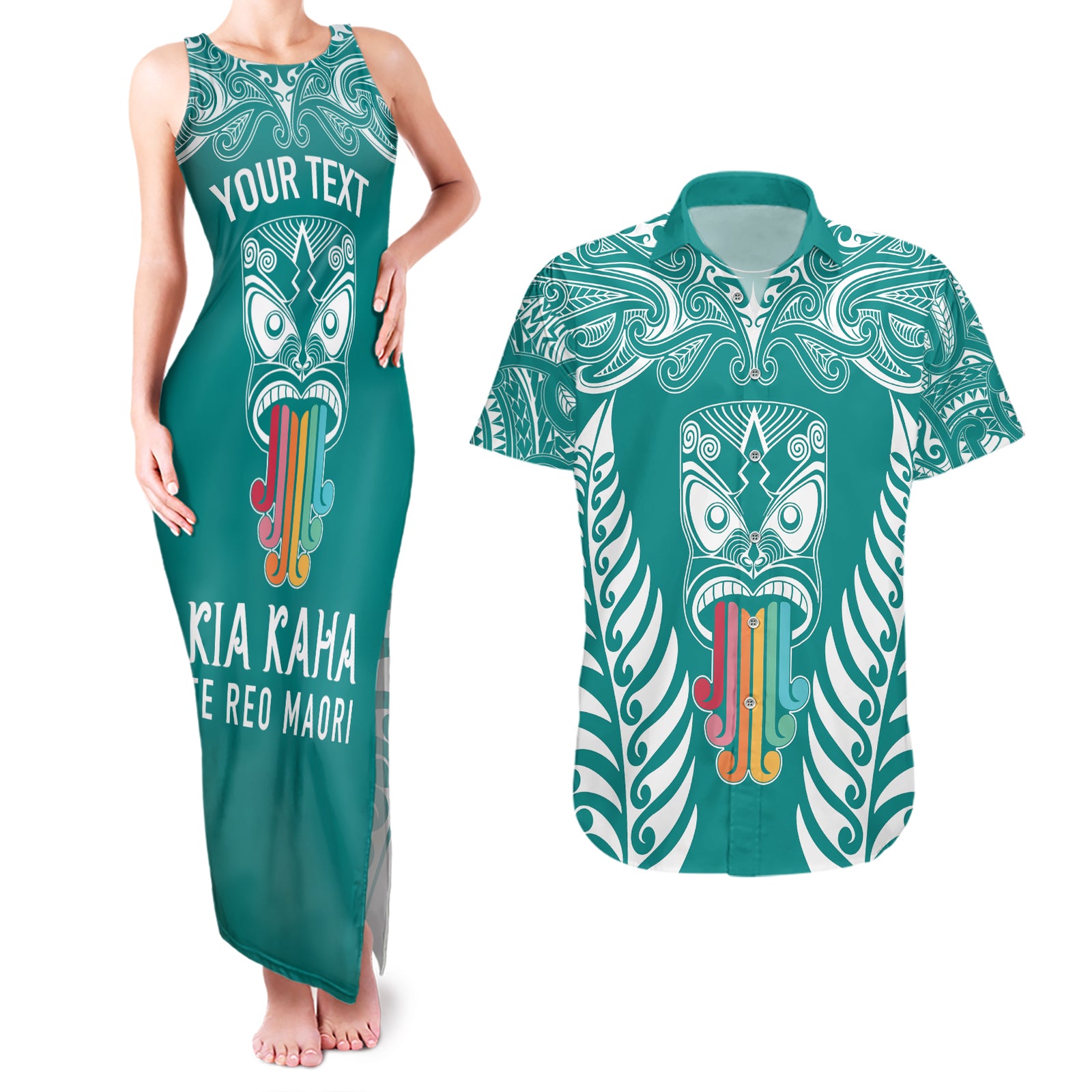 personalised-kia-kaha-te-reo-maori-couples-matching-tank-maxi-dress-and-hawaiian-shirt-hei-tiki-mix-koru-teal