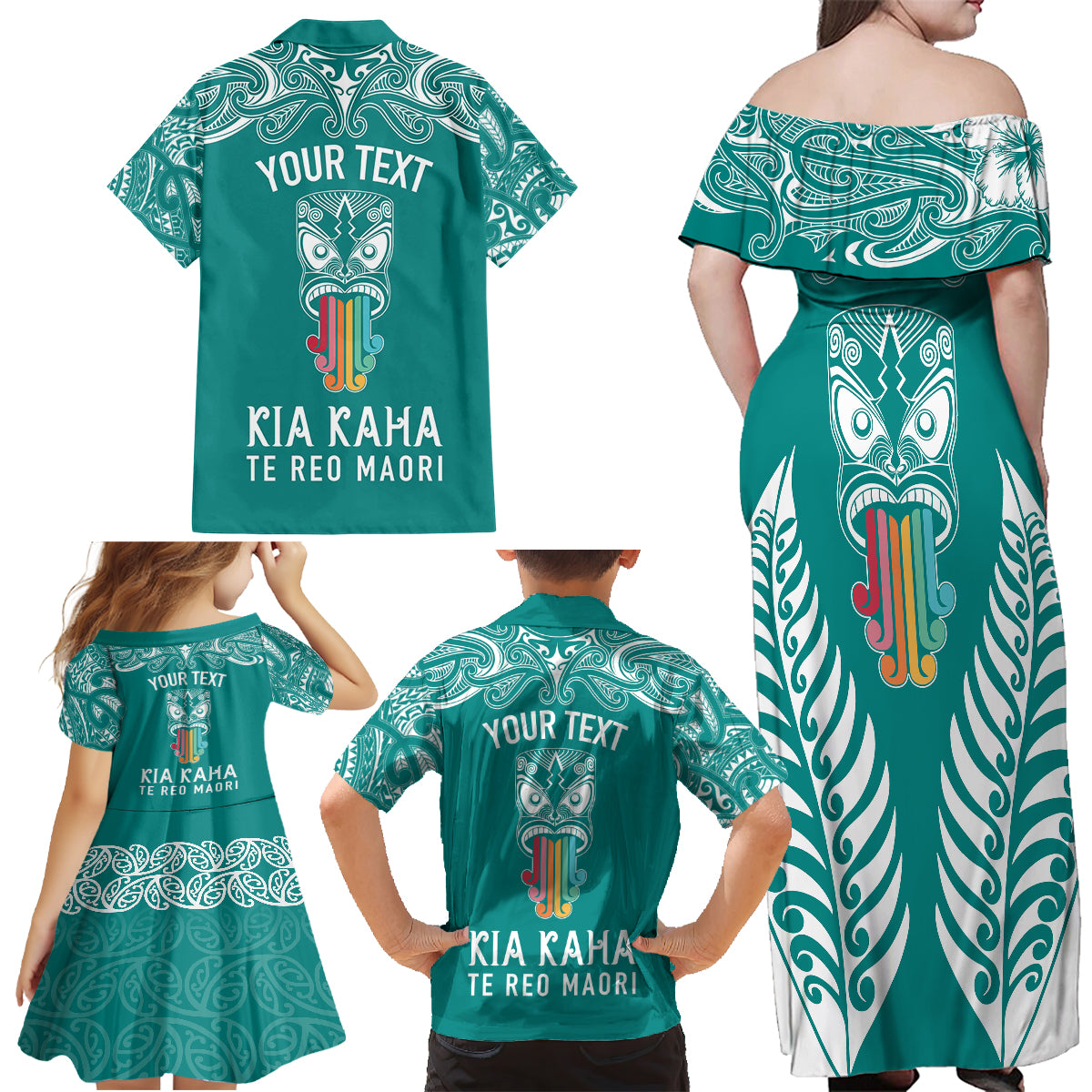 personalised-kia-kaha-te-reo-maori-family-matching-off-shoulder-maxi-dress-and-hawaiian-shirt-hei-tiki-mix-koru-teal