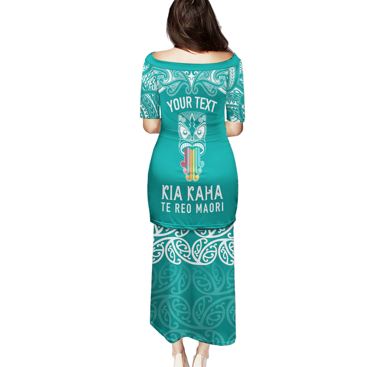 Personalised Kia Kaha Te Reo Maori Family Matching Puletasi Dress and Hawaiian Shirt Hei Tiki Mix Koru - Teal LT7 - Polynesian Pride