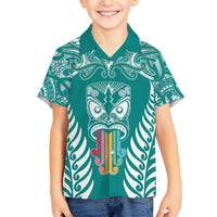 personalised-kia-kaha-te-reo-maori-kid-hawaiian-shirt-hei-tiki-mix-koru-teal