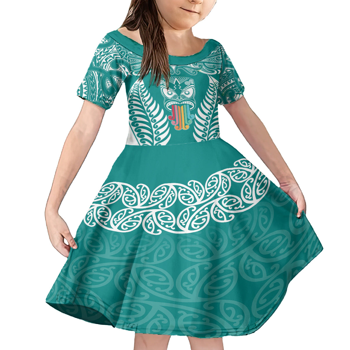 personalised-kia-kaha-te-reo-maori-kid-short-sleeve-dress-hei-tiki-mix-koru-teal