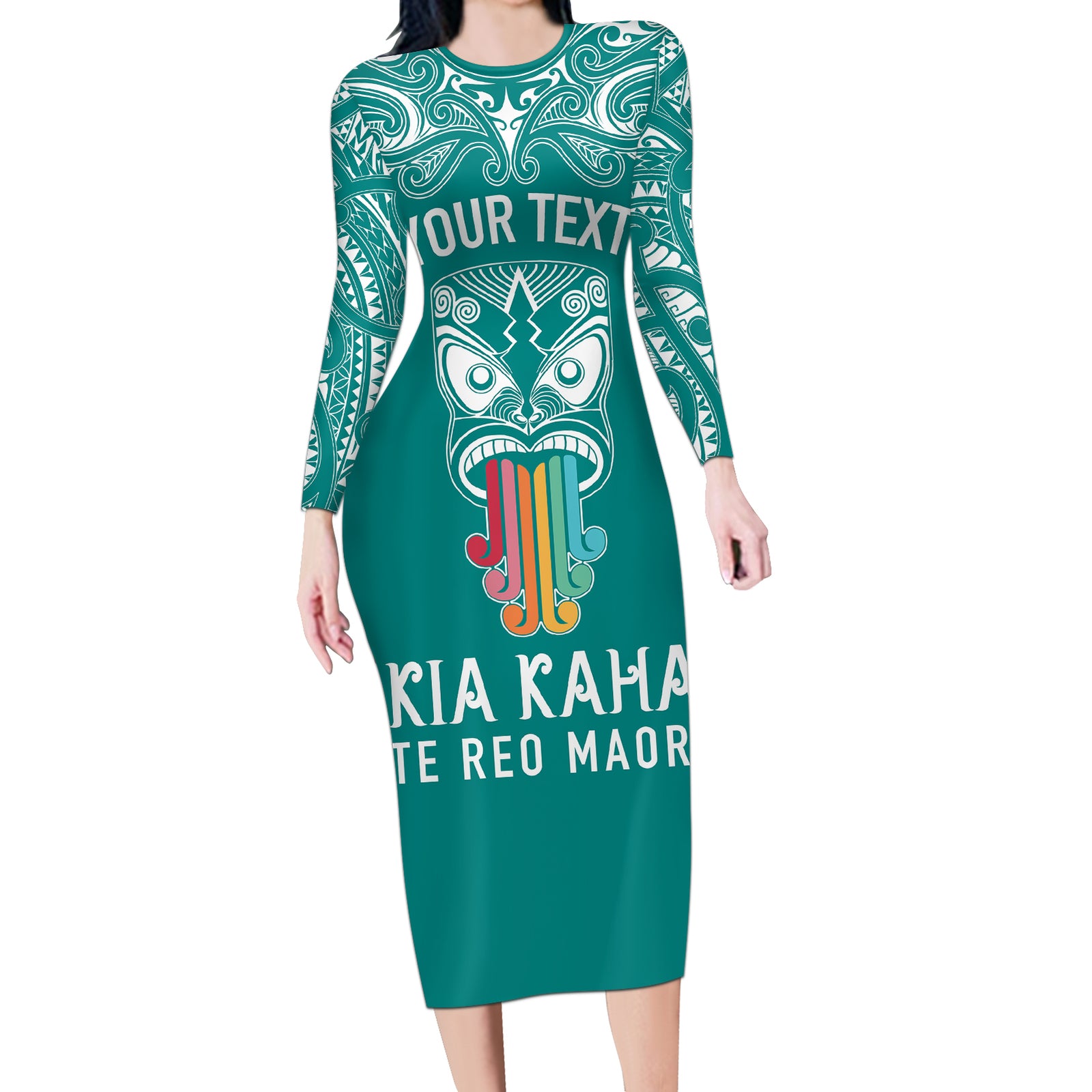 Personalised Kia Kaha Te Reo Maori Long Sleeve Bodycon Dress Hei Tiki Mix Koru - Teal LT7 Long Dress Teal - Polynesian Pride