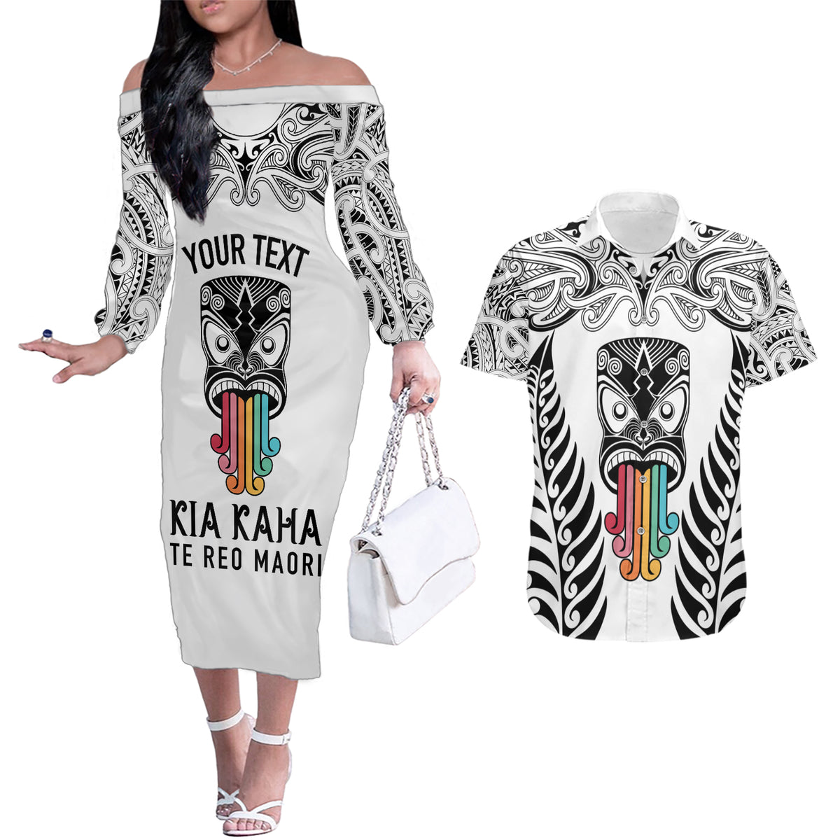 personalised-kia-kaha-te-reo-maori-couples-matching-off-the-shoulder-long-sleeve-dress-and-hawaiian-shirt-hei-tiki-mix-koru-white