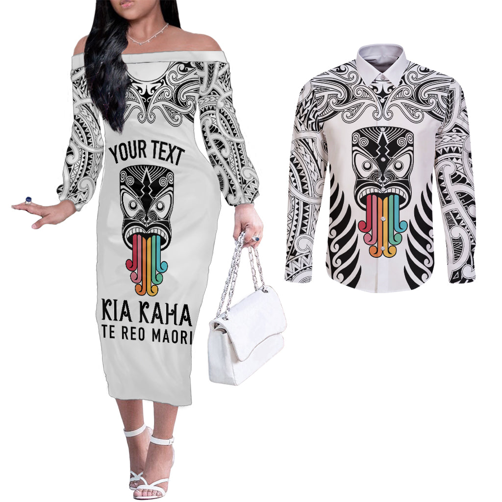 personalised-kia-kaha-te-reo-maori-couples-matching-off-the-shoulder-long-sleeve-dress-and-long-sleeve-button-shirts-hei-tiki-mix-koru-white