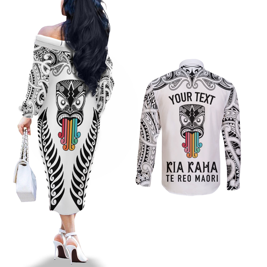 personalised-kia-kaha-te-reo-maori-couples-matching-off-the-shoulder-long-sleeve-dress-and-long-sleeve-button-shirts-hei-tiki-mix-koru-white