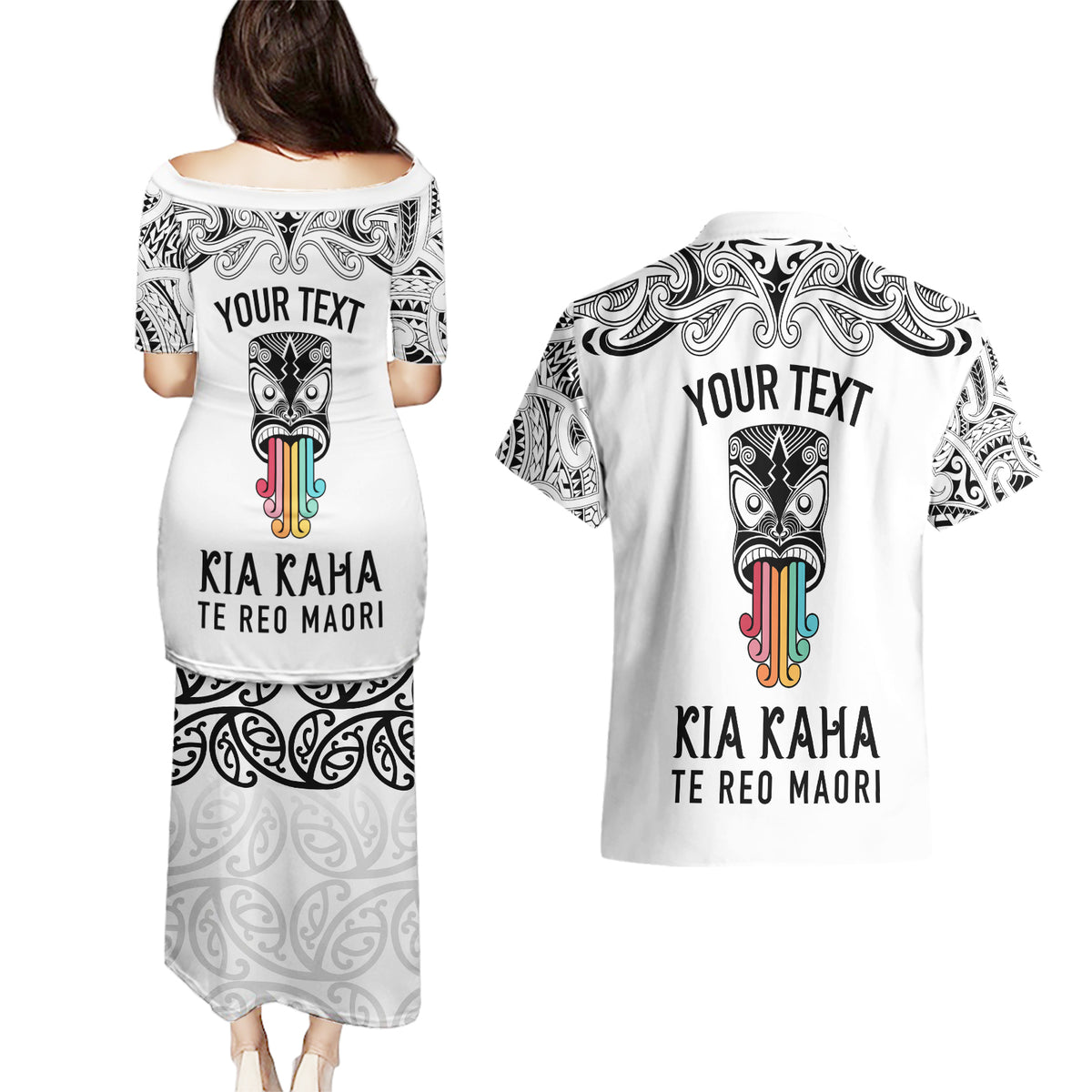 personalised-kia-kaha-te-reo-maori-couples-matching-puletasi-dress-and-hawaiian-shirt-hei-tiki-mix-koru-white