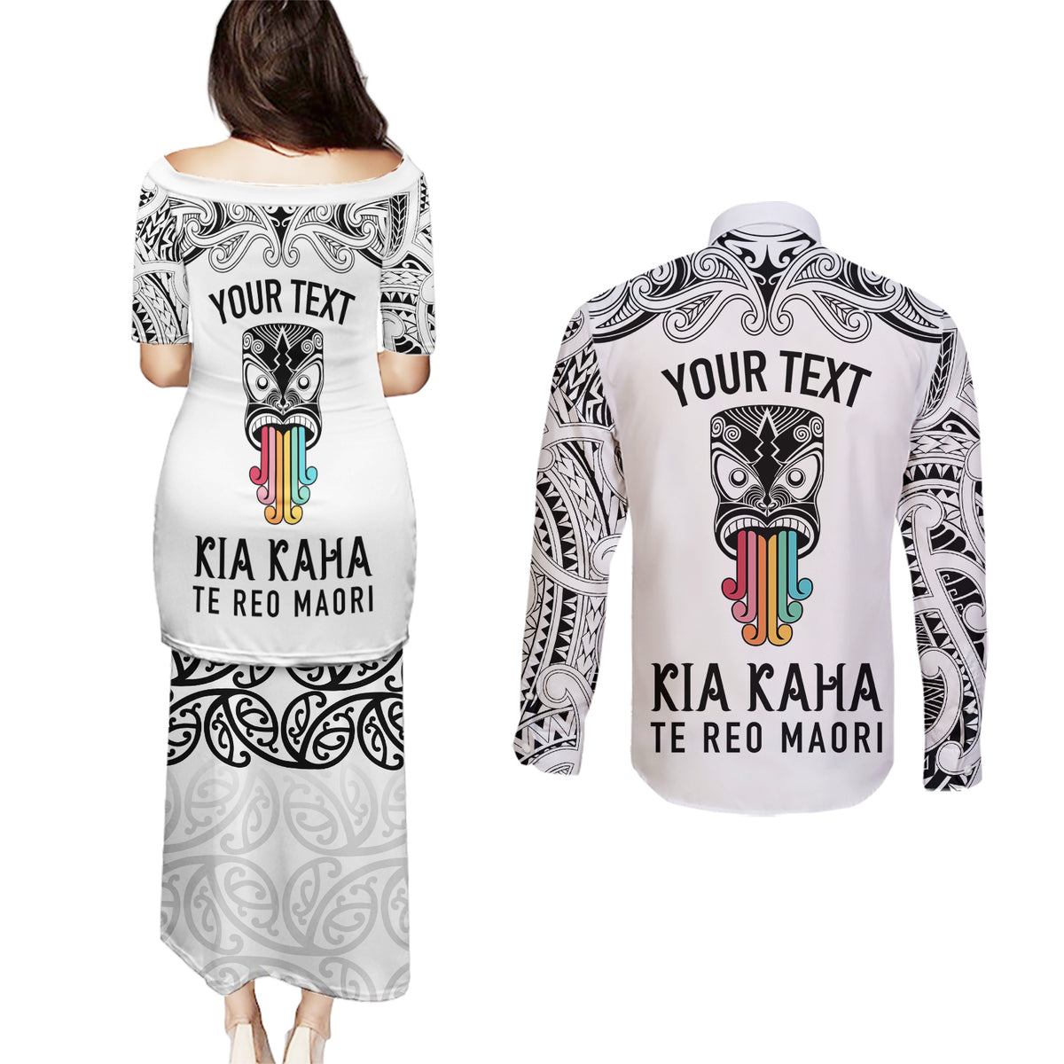 personalised-kia-kaha-te-reo-maori-couples-matching-puletasi-dress-and-long-sleeve-button-shirts-hei-tiki-mix-koru-white