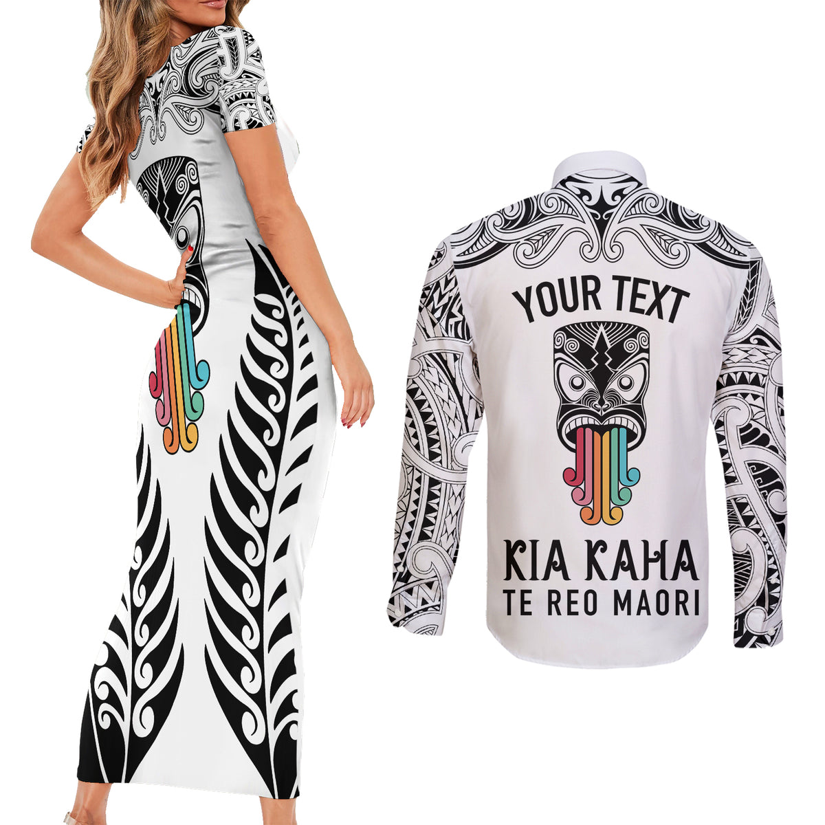 personalised-kia-kaha-te-reo-maori-couples-matching-short-sleeve-bodycon-dress-and-long-sleeve-button-shirts-hei-tiki-mix-koru-white
