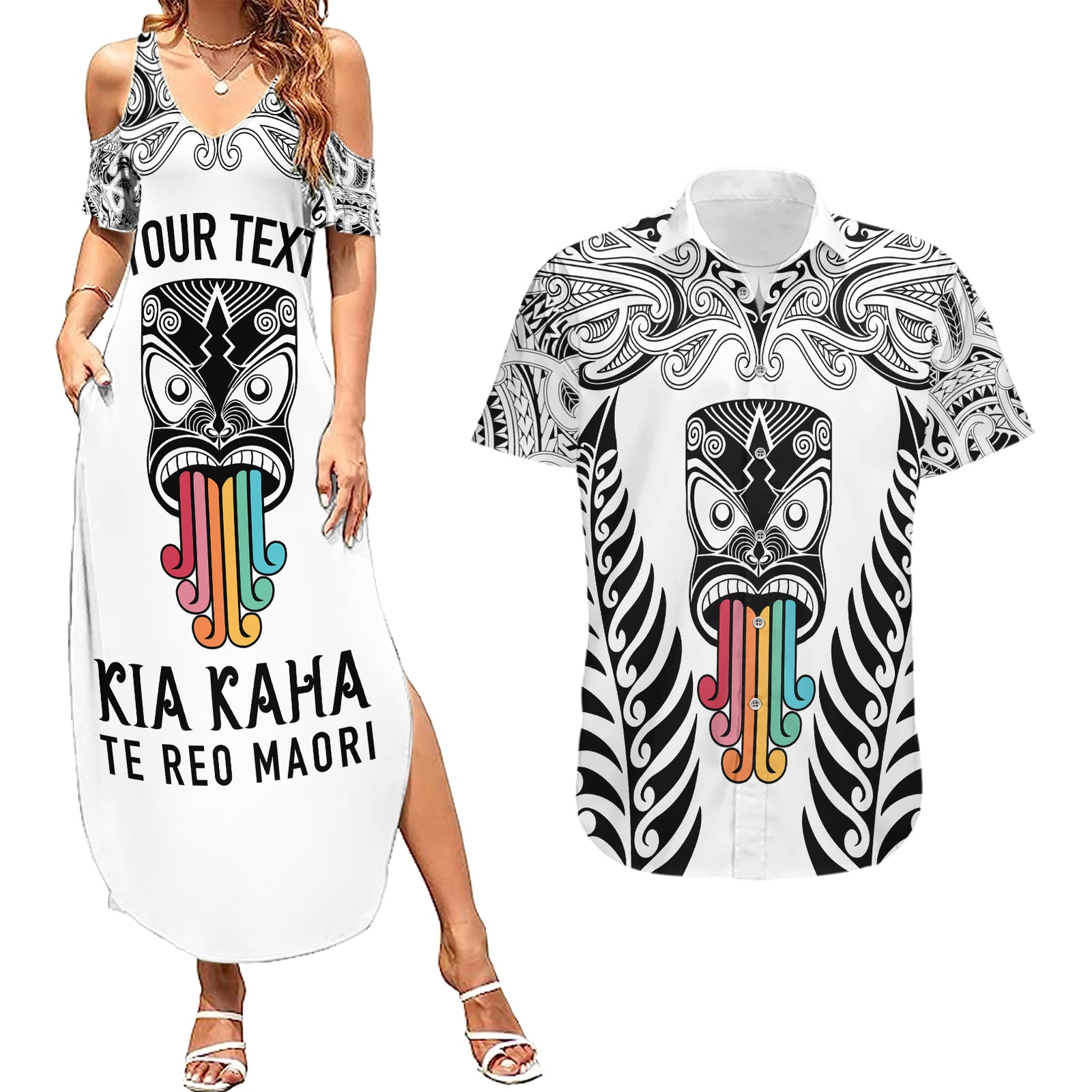 personalised-kia-kaha-te-reo-maori-couples-matching-summer-maxi-dress-and-hawaiian-shirt-hei-tiki-mix-koru-white