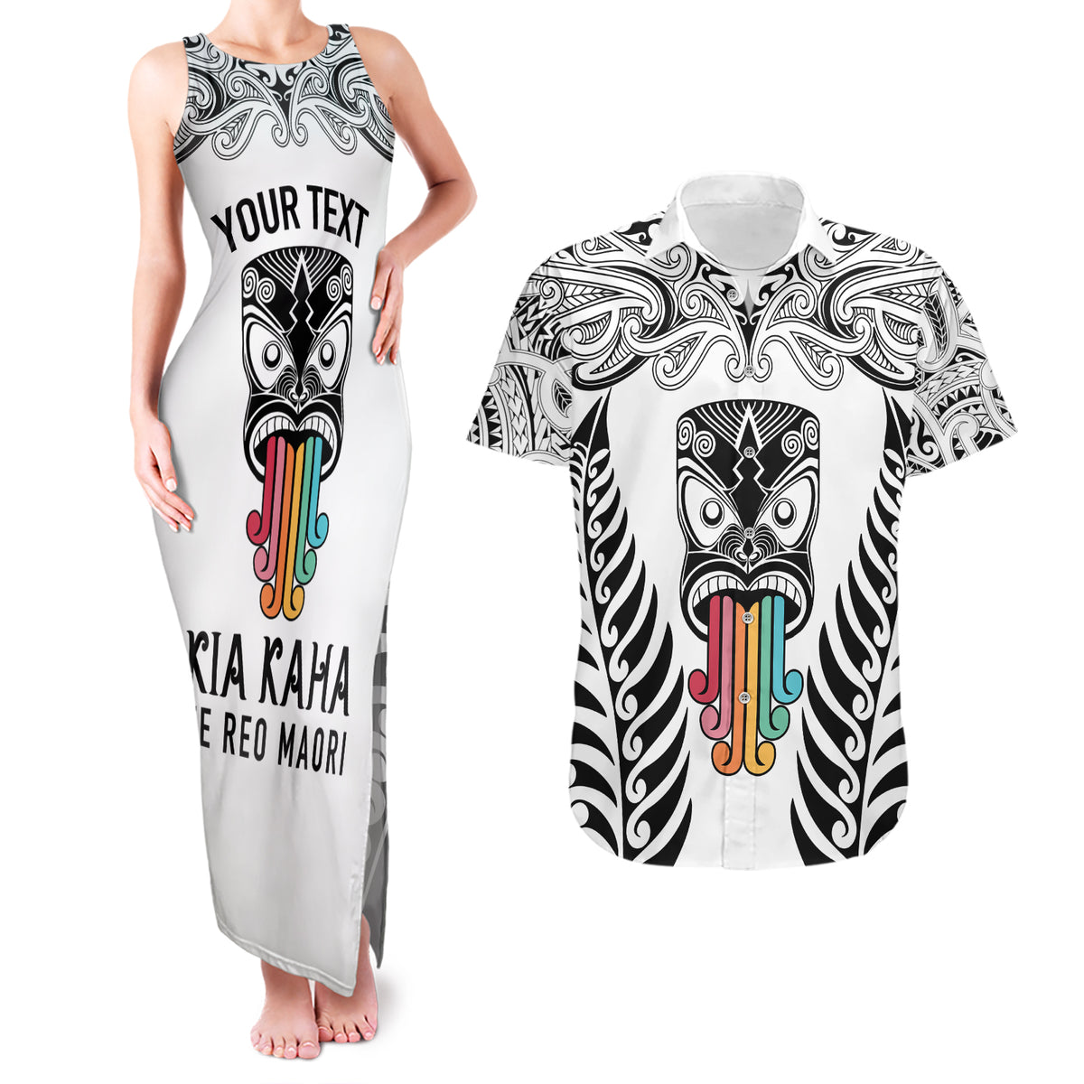 personalised-kia-kaha-te-reo-maori-couples-matching-tank-maxi-dress-and-hawaiian-shirt-hei-tiki-mix-koru-white