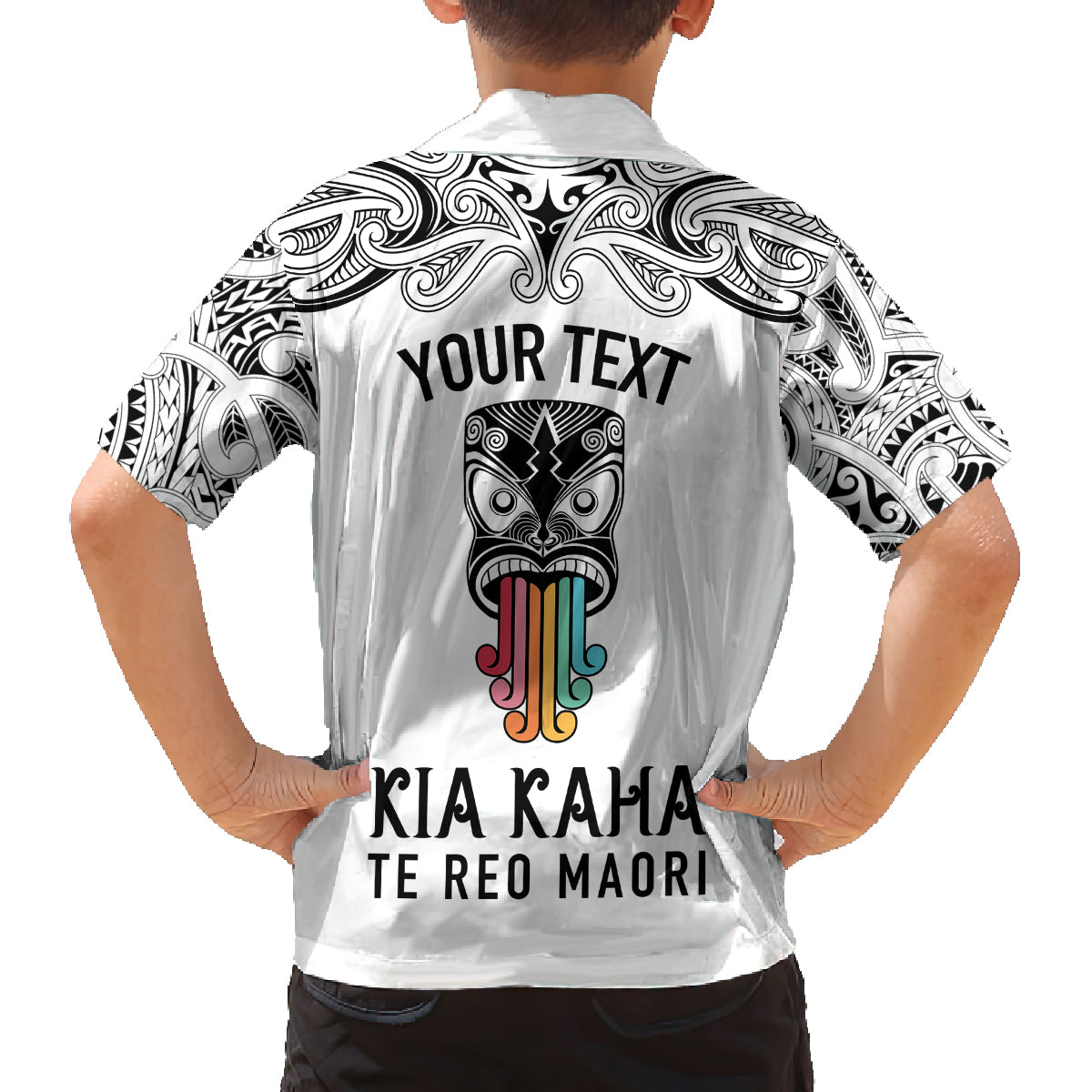 personalised-kia-kaha-te-reo-maori-family-matching-off-shoulder-maxi-dress-and-hawaiian-shirt-hei-tiki-mix-koru-white