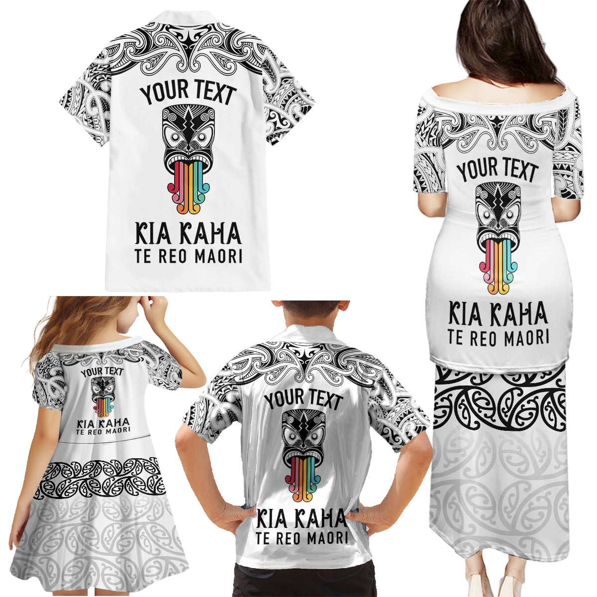 Personalised Kia Kaha Te Reo Maori Family Matching Puletasi Dress and Hawaiian Shirt Hei Tiki Mix Koru - White LT7 - Polynesian Pride