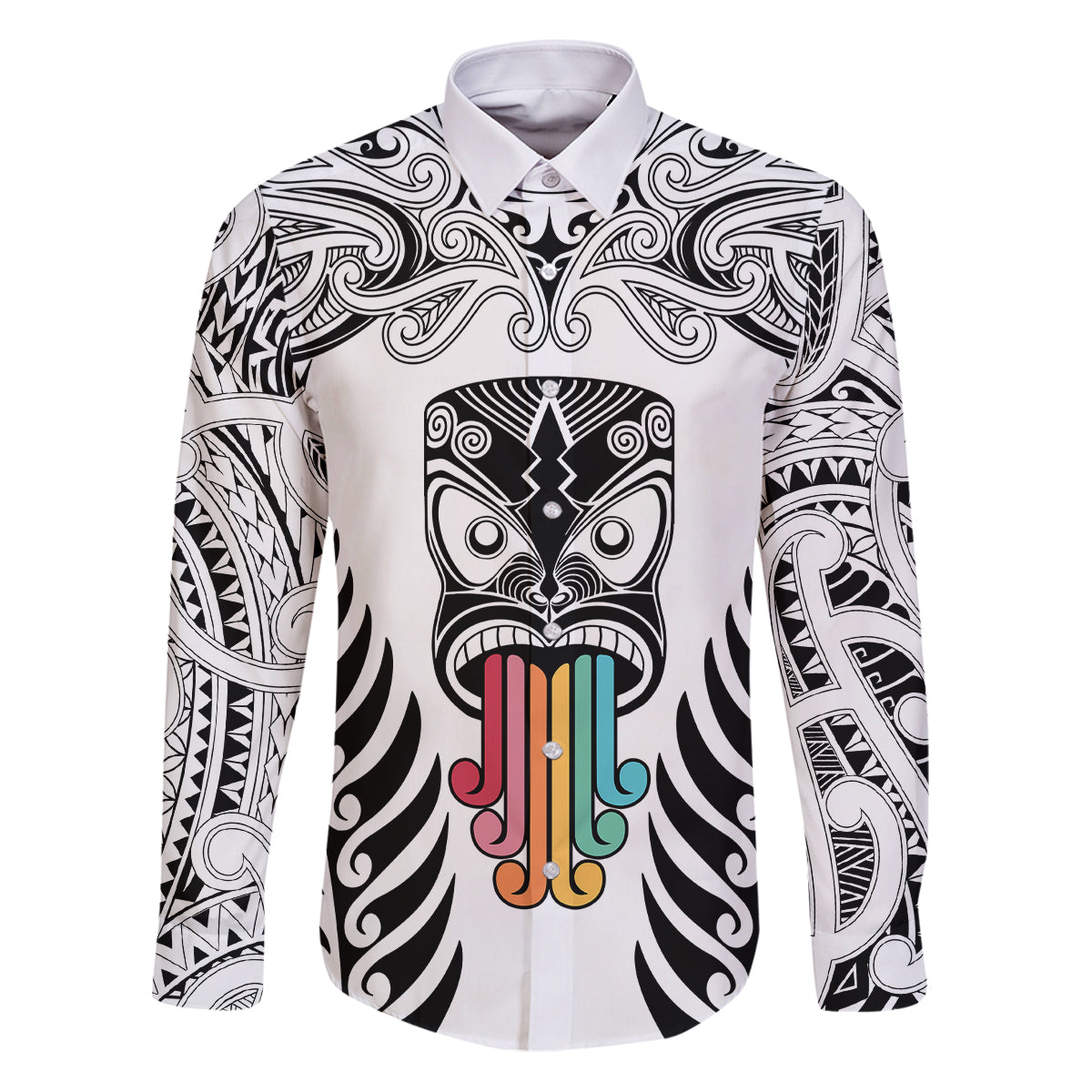 Personalised Kia Kaha Te Reo Maori Family Matching Puletasi Dress and Hawaiian Shirt Hei Tiki Mix Koru - White LT7 Dad's Shirt - Long Sleeve White - Polynesian Pride