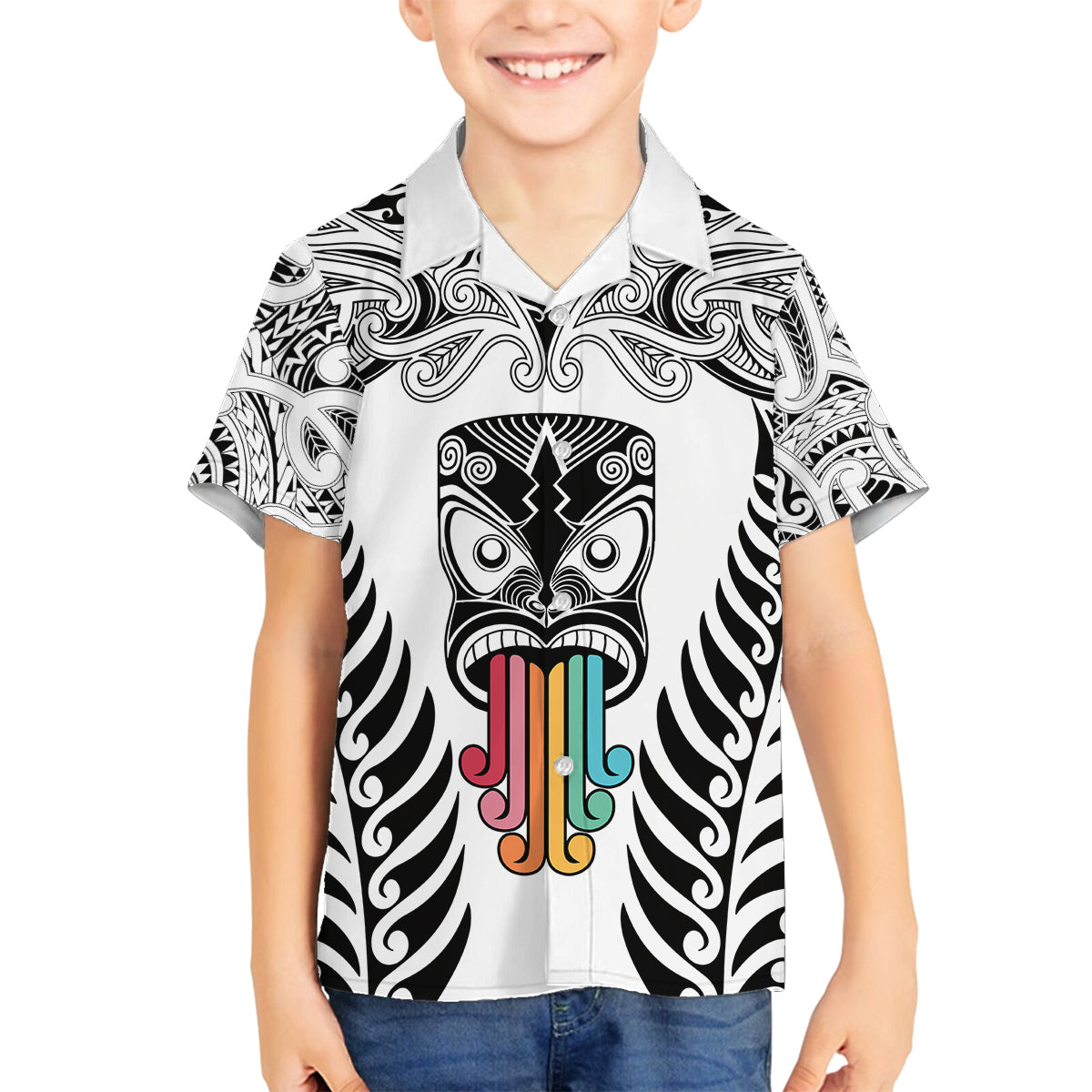 personalised-kia-kaha-te-reo-maori-kid-hawaiian-shirt-hei-tiki-mix-koru-white