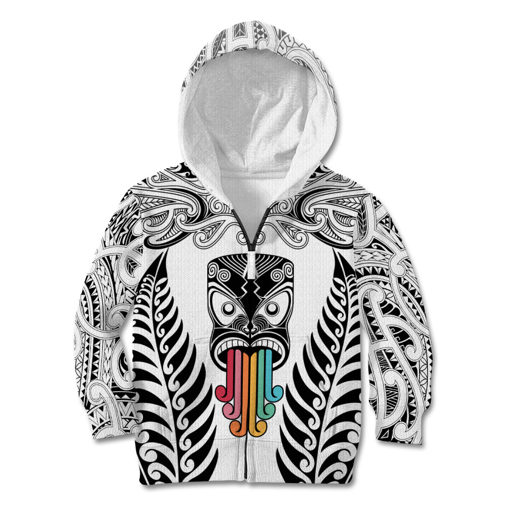 Personalised Kia Kaha Te Reo Maori Kid Hoodie Hei Tiki Mix Koru - White LT7 Zip Hoodie White - Polynesian Pride