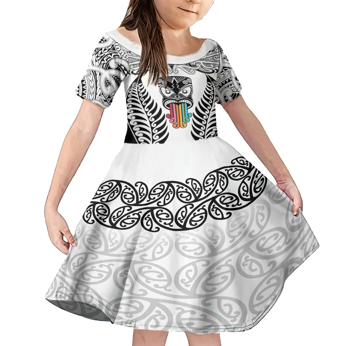personalised-kia-kaha-te-reo-maori-kid-short-sleeve-dress-hei-tiki-mix-koru-white
