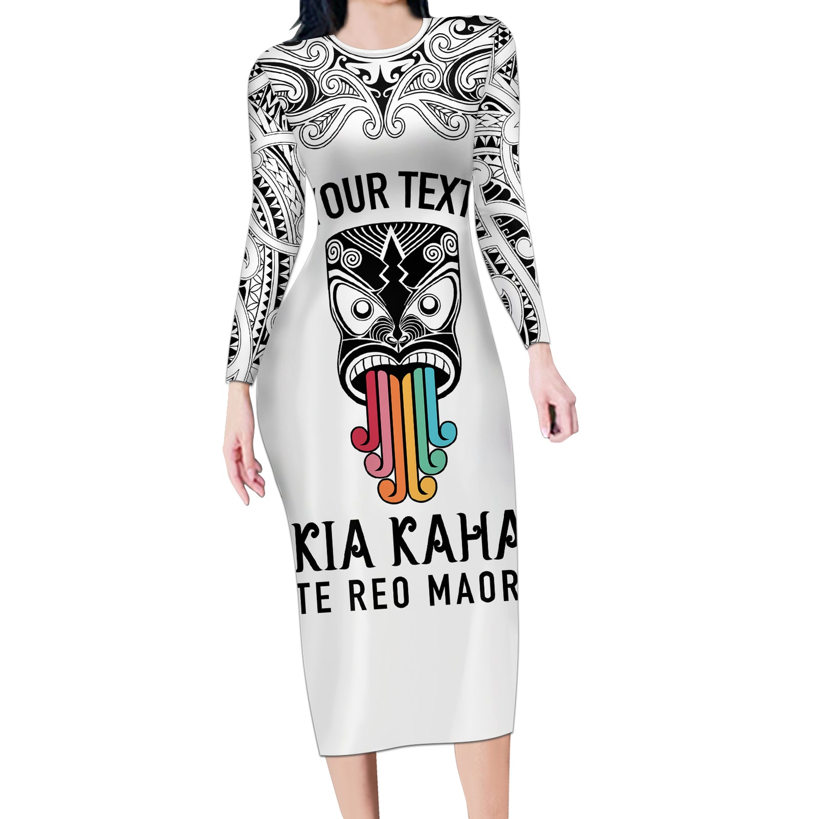 Personalised Kia Kaha Te Reo Maori Long Sleeve Bodycon Dress Hei Tiki Mix Koru - White LT7 Long Dress White - Polynesian Pride