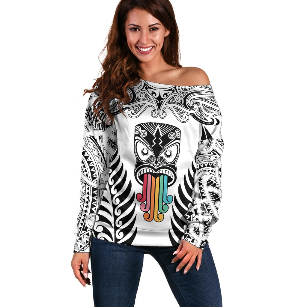 Personalised Kia Kaha Te Reo Maori Off Shoulder Sweater Hei Tiki Mix Koru - White LT7 Women White - Polynesian Pride