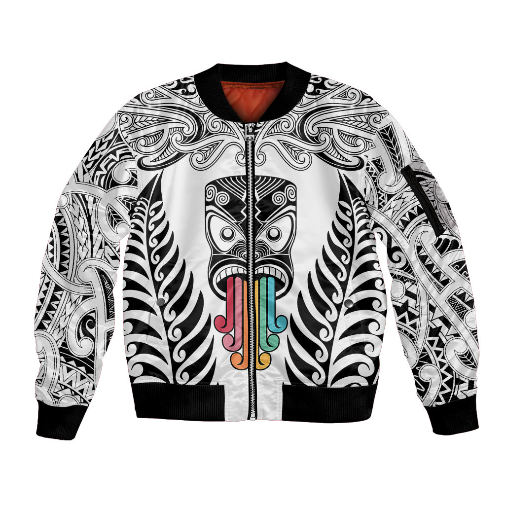 Personalised Kia Kaha Te Reo Maori Sleeve Zip Bomber Jacket Hei Tiki Mix Koru - White LT7 Unisex White - Polynesian Pride
