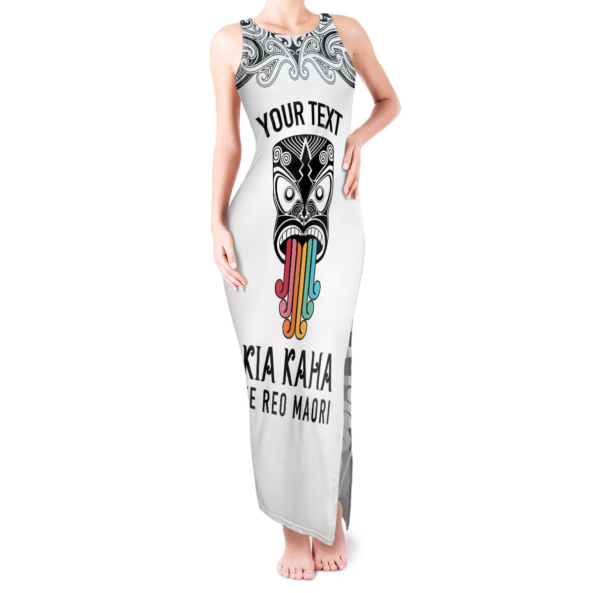 Personalised Kia Kaha Te Reo Maori Tank Maxi Dress Hei Tiki Mix Koru - White LT7 Women White - Polynesian Pride