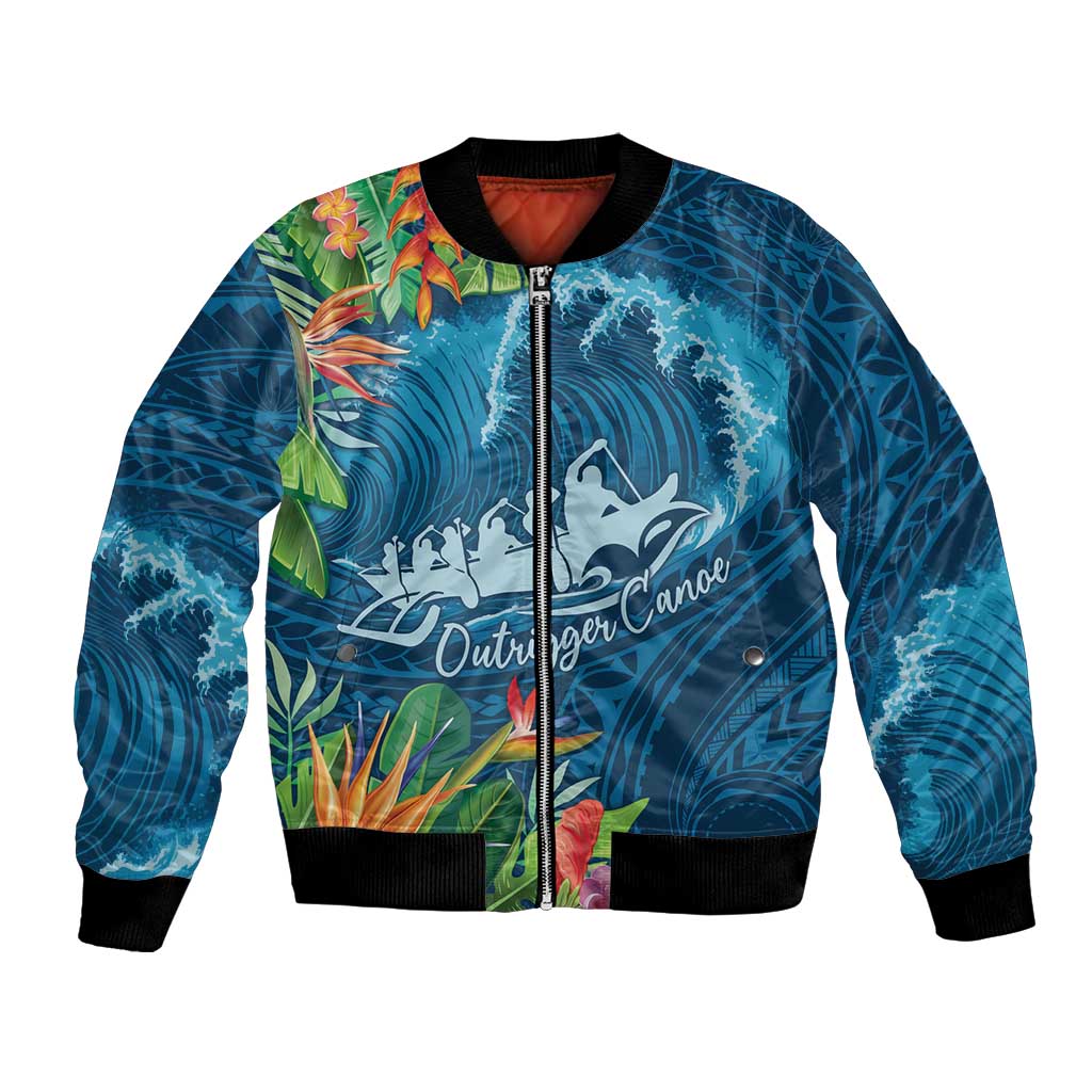 Outrigger Canoe Blue Bomber Jacket On The Waves LT7 Unisex Blue - Polynesian Pride