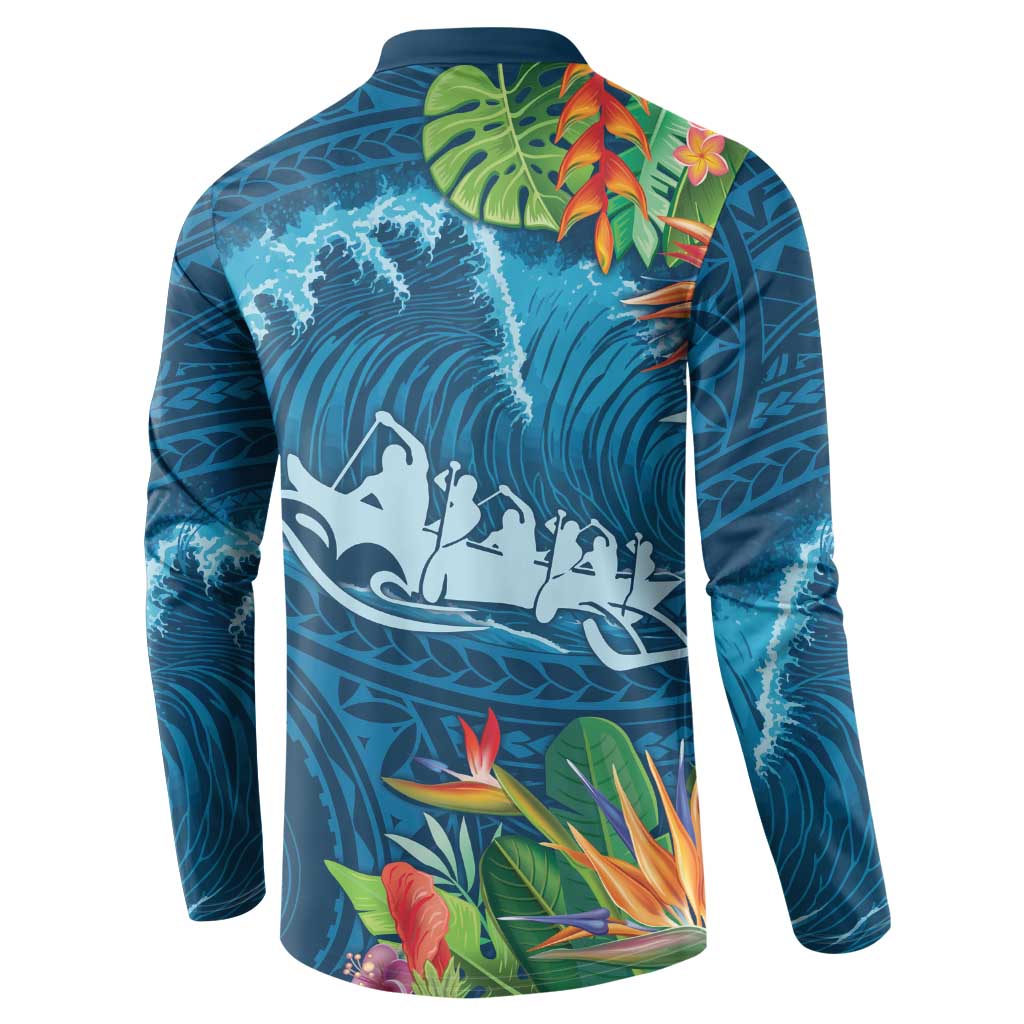 Outrigger Canoe Blue Button Sweatshirt On The Waves