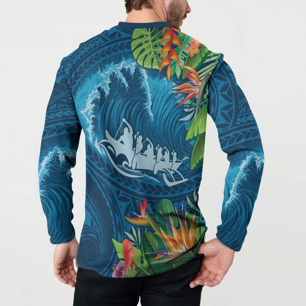 Outrigger Canoe Blue Button Sweatshirt On The Waves