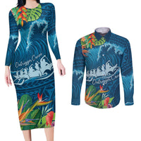 Outrigger Canoe Blue Couples Matching Long Sleeve Bodycon Dress and Long Sleeve Button Shirt On The Waves