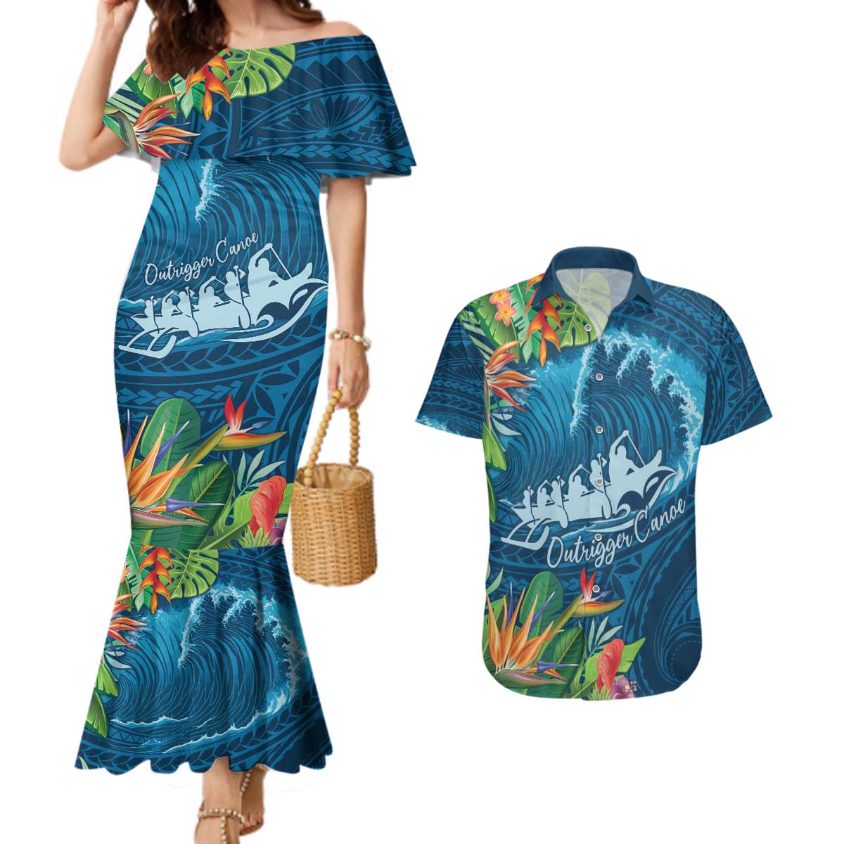 Outrigger Canoe Blue Couples Matching Mermaid Dress and Hawaiian Shirt On The Waves LT7 Blue - Polynesian Pride