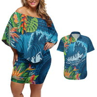 Outrigger Canoe Blue Couples Matching Off Shoulder Short Dress and Hawaiian Shirt On The Waves