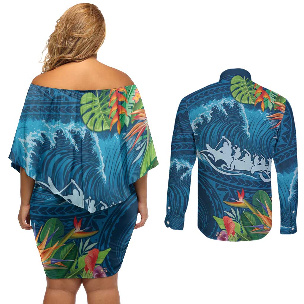 Outrigger Canoe Blue Couples Matching Off Shoulder Short Dress and Long Sleeve Button Shirt On The Waves