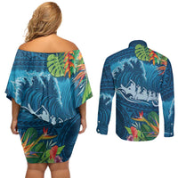 Outrigger Canoe Blue Couples Matching Off Shoulder Short Dress and Long Sleeve Button Shirt On The Waves