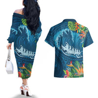 Outrigger Canoe Blue Couples Matching Off The Shoulder Long Sleeve Dress and Hawaiian Shirt On The Waves