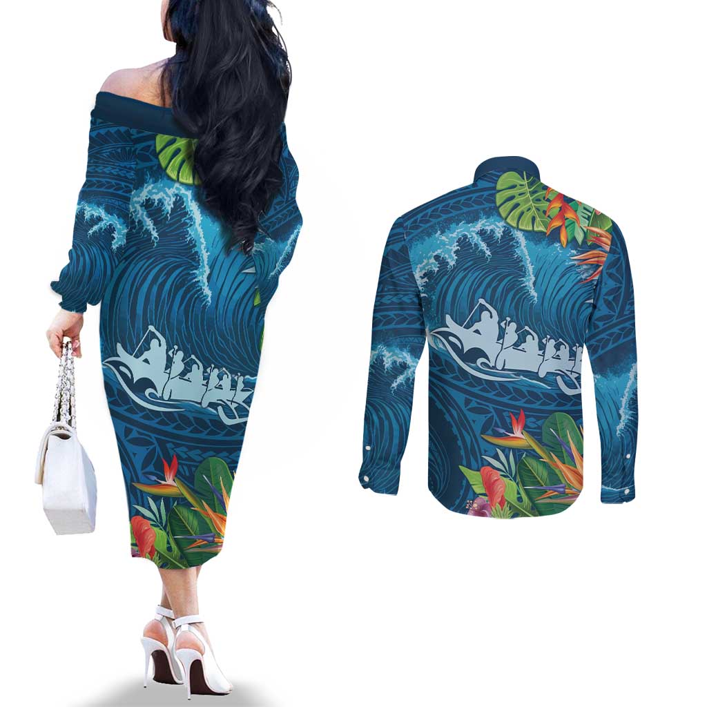 Outrigger Canoe Blue Couples Matching Off The Shoulder Long Sleeve Dress and Long Sleeve Button Shirt On The Waves