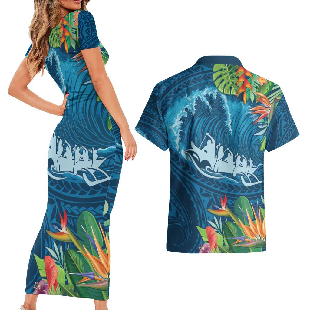 Outrigger Canoe Blue Couples Matching Short Sleeve Bodycon Dress and Hawaiian Shirt On The Waves LT7 - Polynesian Pride