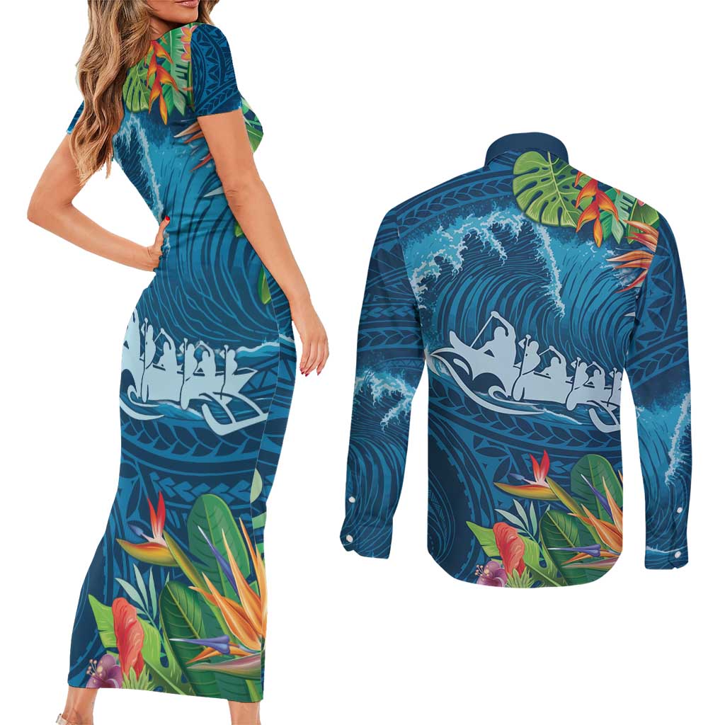 Outrigger Canoe Blue Couples Matching Short Sleeve Bodycon Dress and Long Sleeve Button Shirt On The Waves