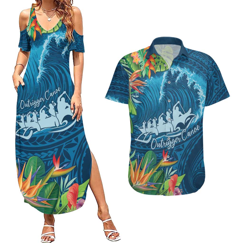Outrigger Canoe Blue Couples Matching Summer Maxi Dress and Hawaiian Shirt On The Waves