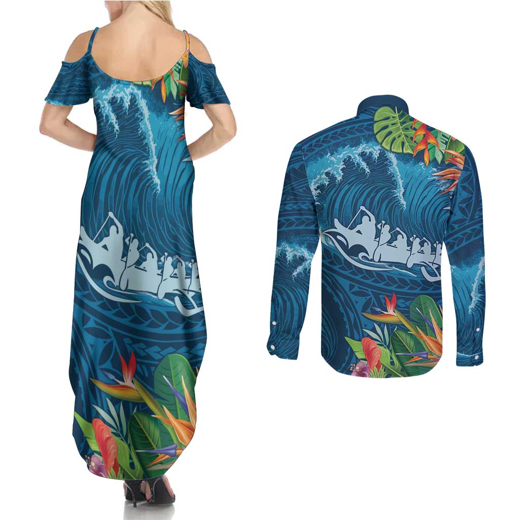 Outrigger Canoe Blue Couples Matching Summer Maxi Dress and Long Sleeve Button Shirt On The Waves