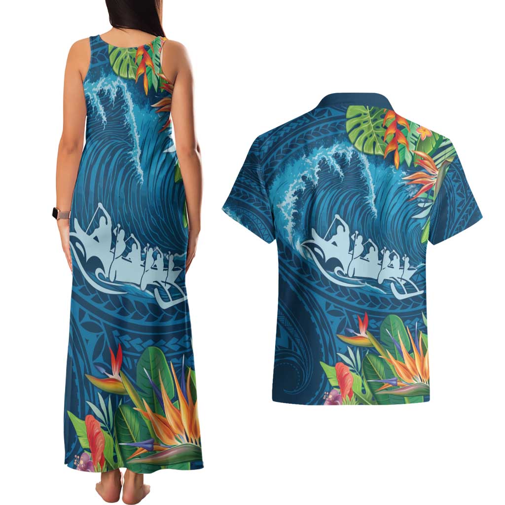 Outrigger Canoe Blue Couples Matching Tank Maxi Dress and Hawaiian Shirt On The Waves