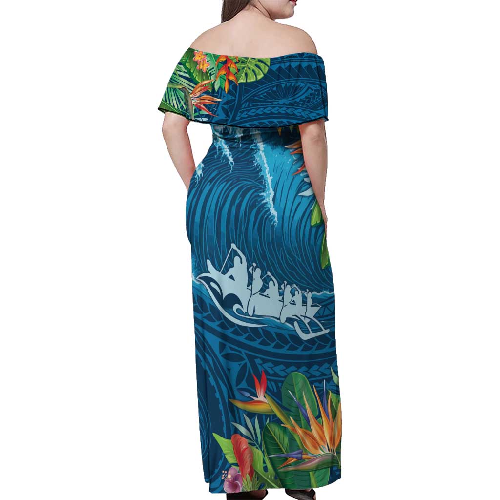 Outrigger Canoe Blue Family Matching Off Shoulder Maxi Dress and Hawaiian Shirt On The Waves