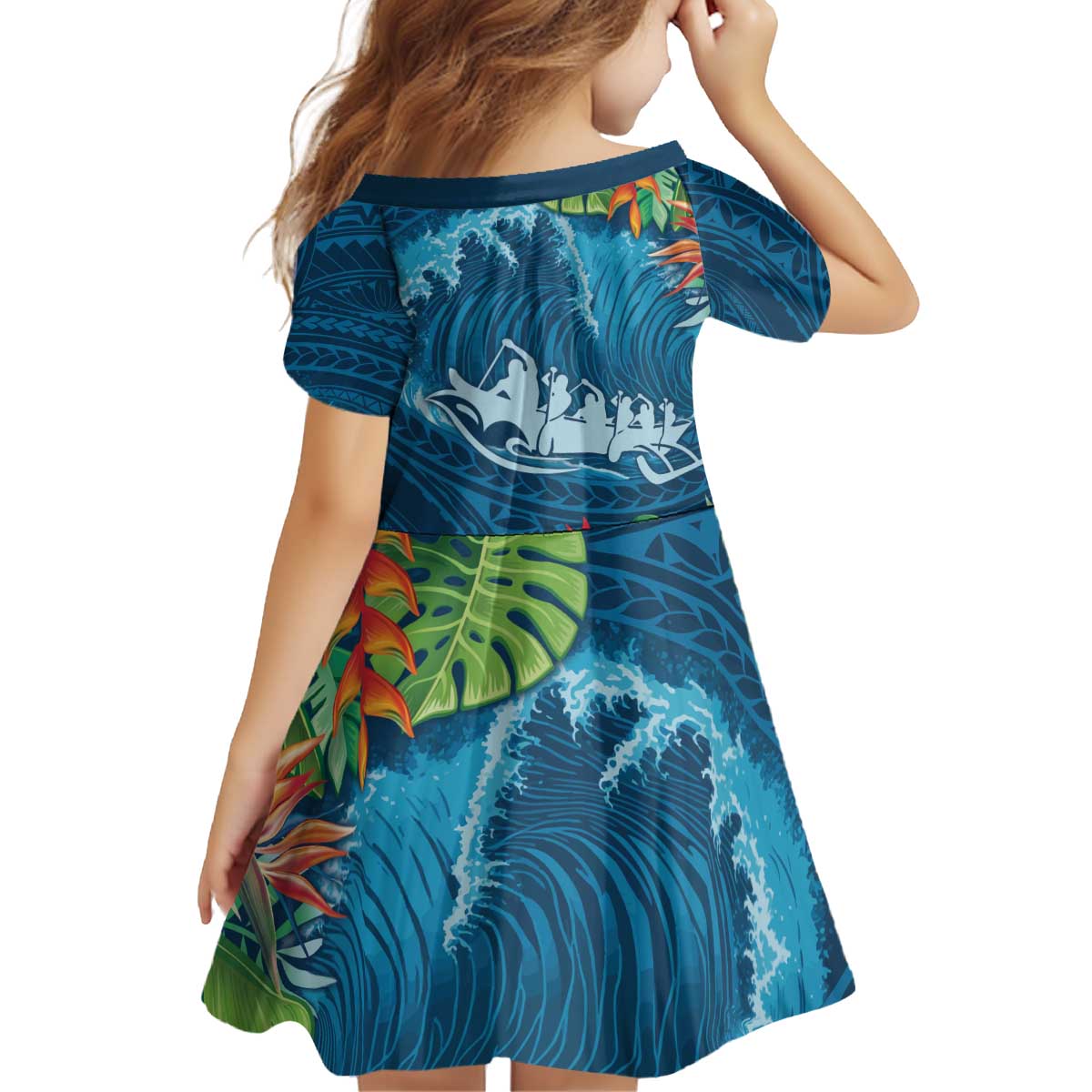 Outrigger Canoe Blue Family Matching Off Shoulder Short Dress and Hawaiian Shirt On The Waves Outrigger Canoe Blue Family Matching Off Shoulder Short Dress and Hawaiian Shirt On The Waves