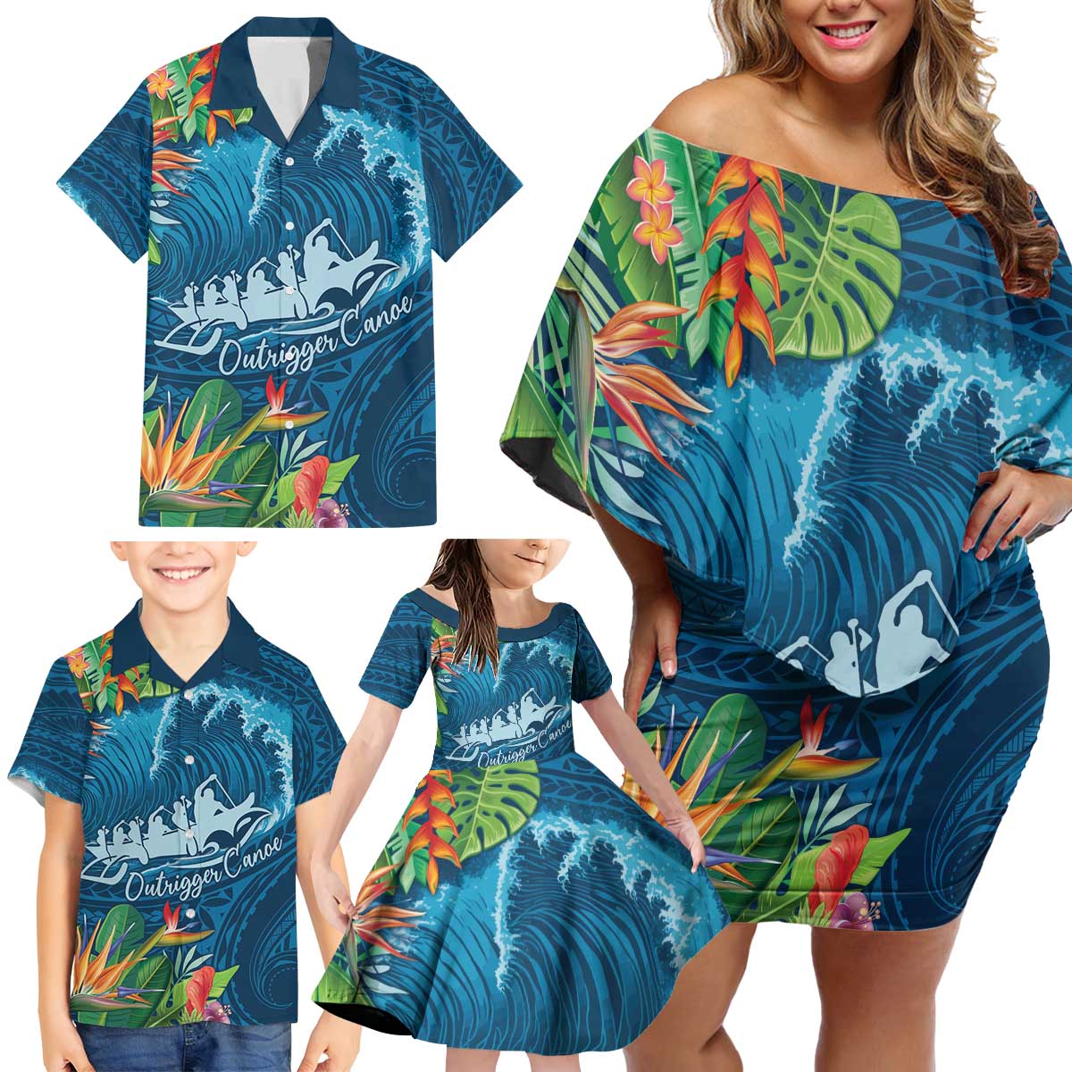 Outrigger Canoe Blue Family Matching Off Shoulder Short Dress and Hawa - Polynesian Pride Outrigger Canoe Blue Family Matching Off Shoulder Short Dress and Hawa - Polynesian Pride