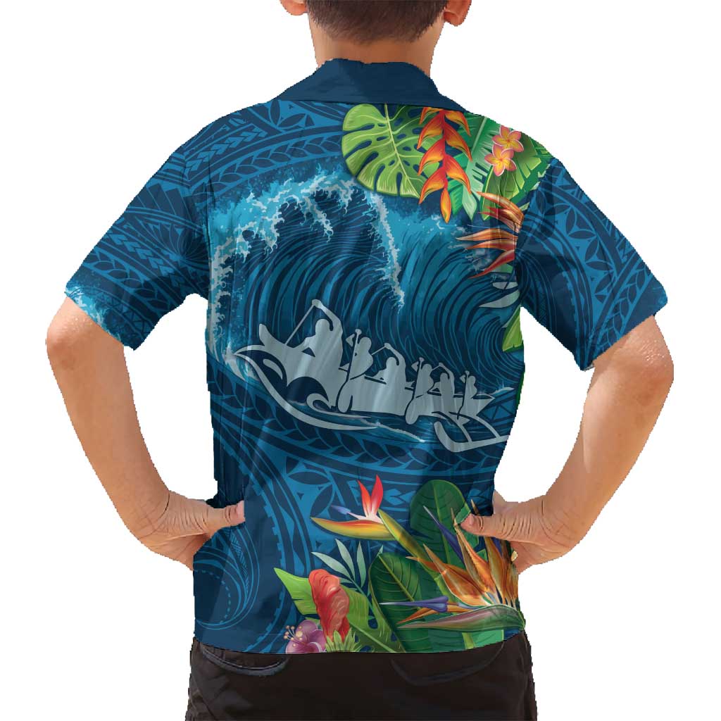 Outrigger Canoe Blue Family Matching Puletasi and Hawaiian Shirt On The Waves