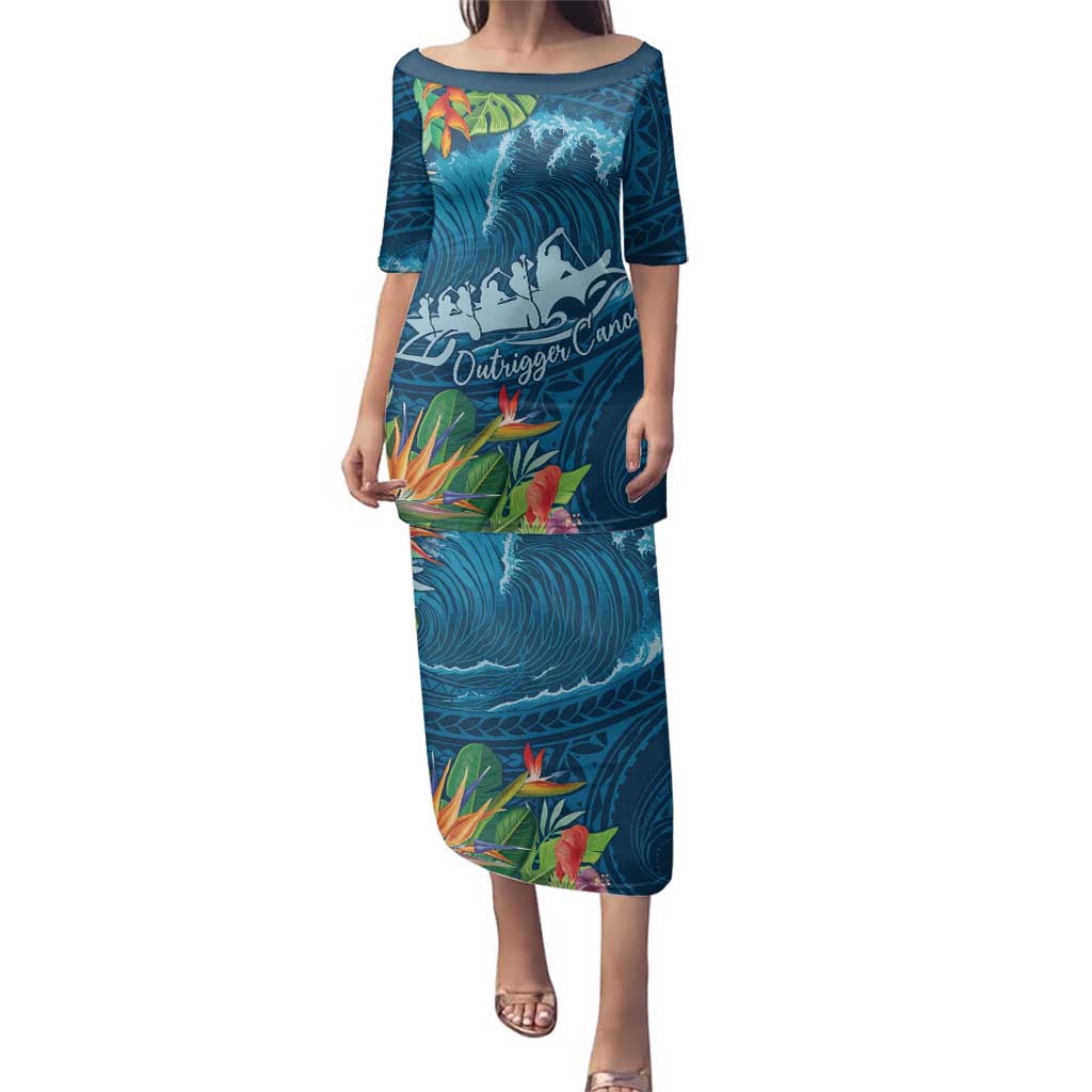 Outrigger Canoe Blue Family Matching Puletasi and Hawaiian Shirt On The Waves