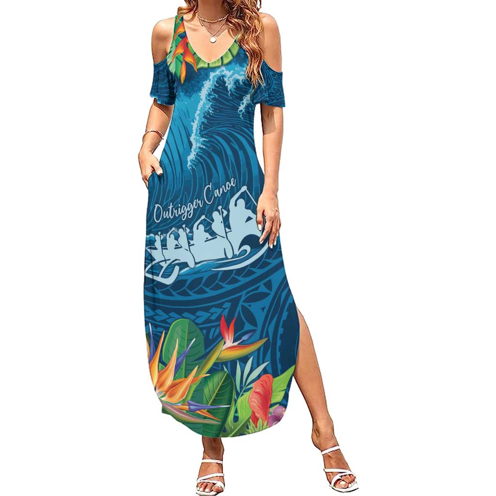 Outrigger Canoe Blue Family Matching Summer Maxi Dress and Hawaiian Shirt On The Waves