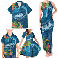 Outrigger Canoe Blue Family Matching Tank Maxi Dress and Hawaiian Shirt On The Waves