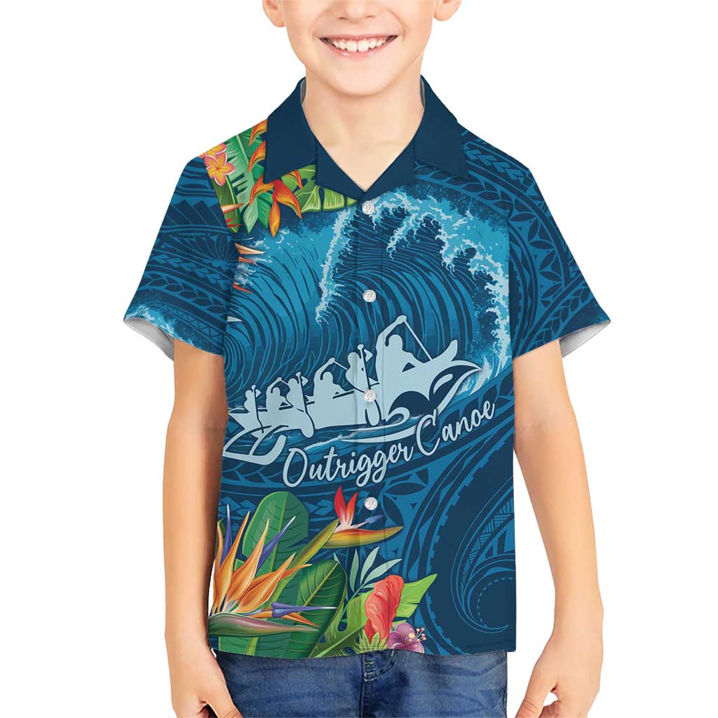 Outrigger Canoe Blue Kid Hawaiian Shirt On The Waves