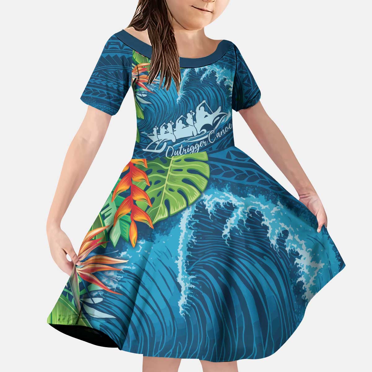 Outrigger Canoe Blue Kid Short Sleeve Dress On The Waves