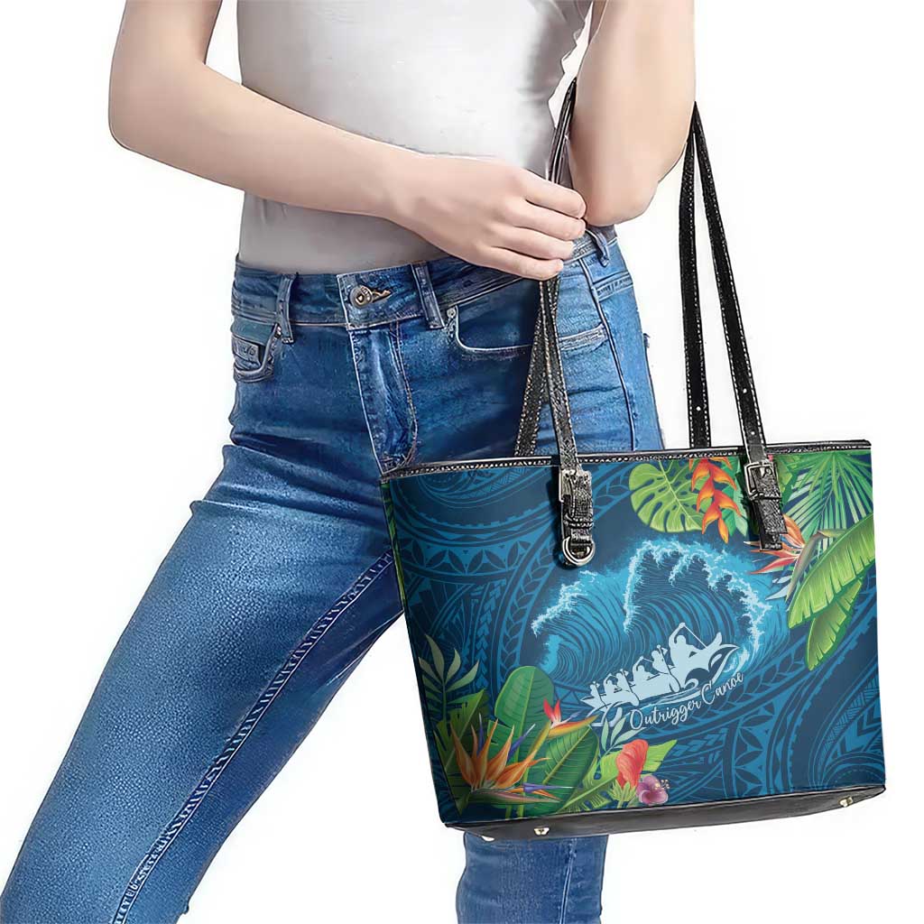 Outrigger Canoe Blue Leather Tote Bag On The Waves